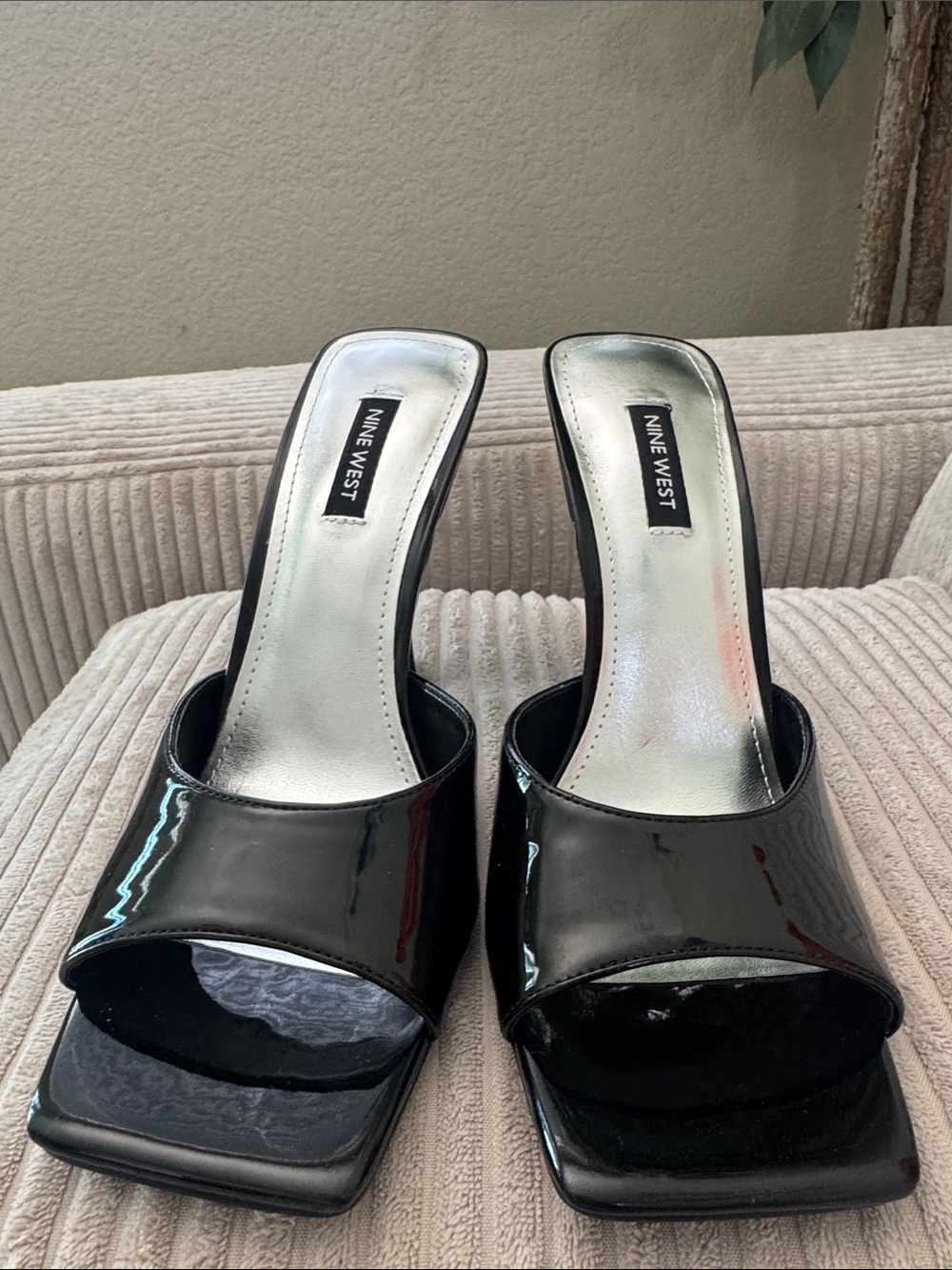Nine West Black Patent Open-Toe Slide Mules